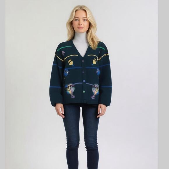 Vintage Sweaters - Vintage Terazzo Black Embroidered Colorful Sequin Hot Air Balloons Cardigan M